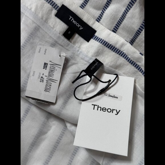 New Theory Wrap Skirt 8 / M Womens White Mini Waist Tie Split Stripe Linen - Picture 5 of 7